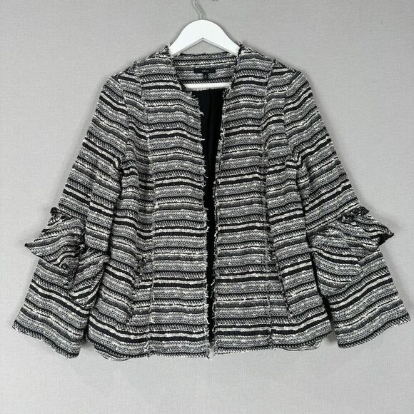 DREW Jackets & Blazers - Drew Womens Jacket Medium Black Tweed Ruffle Flare Sleeve Open Cardigan‎ Blazer